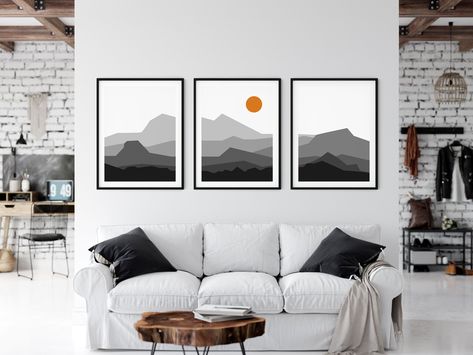 Orange Mountain, Painting Set Of 3, Teal Decor, Contemporary Living Room Design, Sunrise Art, Black Art Painting, Blue Abstract Art, Retro Wall Decor, Orange Print