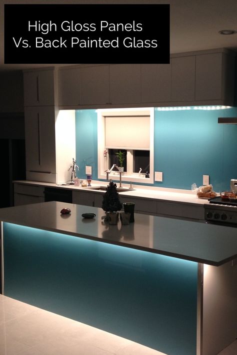 Learn the advantages of high gloss wall panels vs. back painted glass in this article http://blog.innovatebuildingsolutions.com/2014/04/17/compare-painted-color-coated-glass-high-gloss-acrylic-wall-panels/ #interiordesign Back Painted Glass Wall, Back Painted Glass Kitchen, Backsplash Beadboard, Carrera Marble Backsplash, Backsplash Edge, Backsplash Blue, Stainless Steel Kitchen Backsplash, Cheap Backsplash, Painted Backsplash