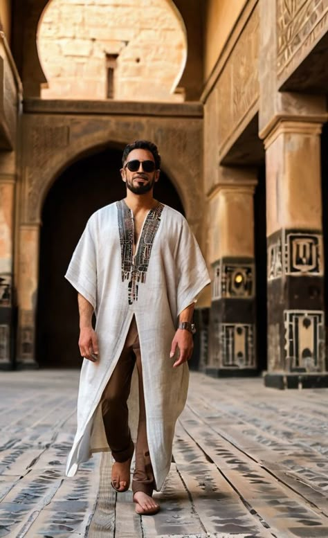 #kaftan #kaftanmodern #kaftanstyledress #tribalpattern #africanclothes  #arabicwear #arabicmodernwear #aracbicstylemen #fashion #traditional #traditionalwear Egyptian Inspired Fashion Men, Men Dubai Outfit, Moroccan Clothing Men, Desert Chic Outfit, Dubai Men Outfit, Desert Outfit Men, Gala Dinner Outfit, Dubai Men, Bohemian Outfit Men