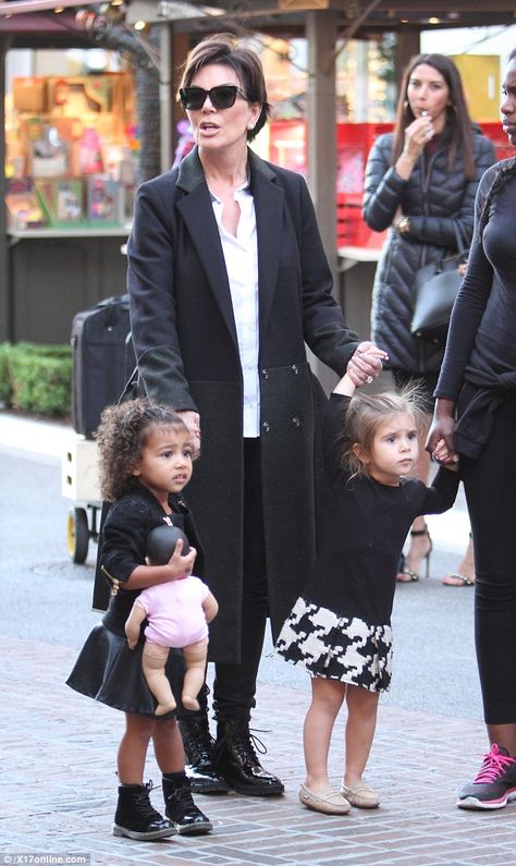 Look what she got: Perhaps North found something she liked for she was seen holding a life-sized baby doll in her arm while Penelope appeared doll-less North And Penelope, Dash Dolls, Jenner Kids, Jenner Girls, Penelope Disick, Famous Kids, Kardashian Kids, Jenner Family, Kim Kardashian And Kanye