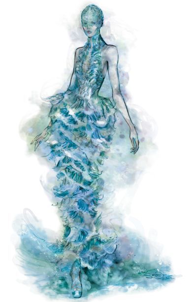 Fashion illustration of Alexander McQueen's fish scale mermaid dress; fashion drawing // Sarah Dahl Sea Inspired Fashion, Water Fashion, Textiles Sketchbook, Dress Illustration, Ocean Fashion, Fashion Drawing Dresses, Fashion Sketchbook, Sea Inspired, Dress Sketches