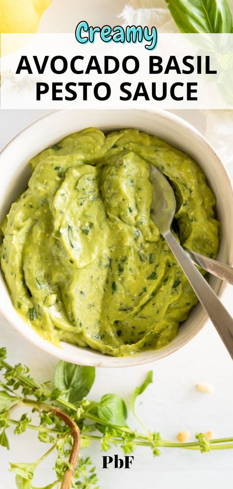 a bowl of creamy avocado basil pesto sauce Vegan Pesto Sauce, Pesto Sauce Recipe, Spices Recipes, Basil Pesto Sauce, Avocado Dessert, Avocado Pesto, Vegan Pesto, Veggie Noodles, Vegan Sauces