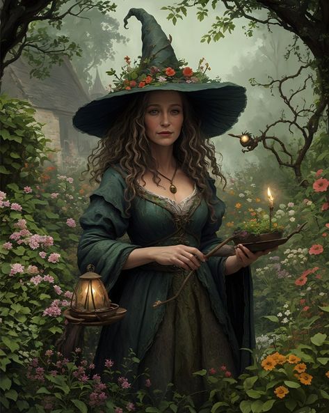 In her sanctuary of petals and herbs, the garden witch tends to the secrets of nature's bloom with whispers and potions☘️🌷🦋 for @rowan_lewgalon_aiart | #aiweekofwitchesmarch24 #aiartdaily #aichallenge #gardenwitch #witch #magicalai #aiart #digitalart #fantasy #garden #mystical Garden Mystical, Fae Witch, Mystical Creatures Mythology, Witch Spring, Green Witch Aesthetic, Witch Apothecary, Medieval Witch, Garden Witch, Fairy Witch