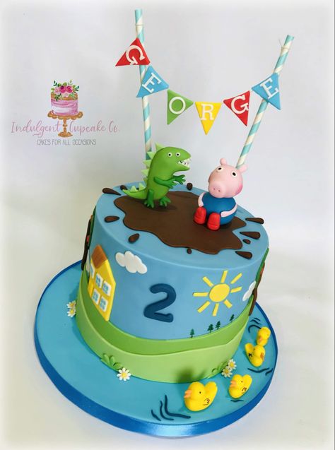 George Dinosaur Cake, George Cake Peppa, Peppa Pig And George Cake, Peppa And George Cake, Peppa Pig Birthday Cake For Boys, Peppa Pig George Cake, George Pig Birthday Cake, Birthday Bbq Food, Peppa Pig Theme Cake