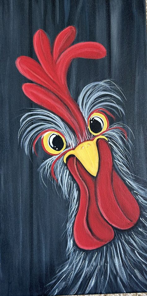 Whimsical Rooster Painting, Crazy Chicken Painting, Pictures Of Roosters, Whimsical Canvas Painting Ideas, Rooster Painting Easy, Chicken Painted Rocks Ideas, Diy Chicken Painting Easy, How To Paint A Chicken, Country Painting Ideas Easy