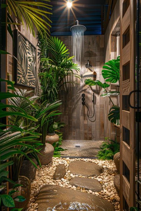 Modern Tropical Aesthetic, Jungle Inspired Bathroom, Garden Theme Bathroom, Tropical Shower Bathroom, Aesthetic Modern Bathroom, Caribbean Bathroom, Indoor Plant Aesthetic, Tropical Bathroom Ideas, Rustic Boho Bathroom