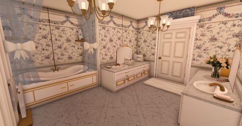 #bloxburgbuild #bloxburg #bathroom #coquette #vintage #aesthetic Coquette Bloxburg House Bathroom, Bloxburg House Croquette, Coquette Bloxburg Room Ideas, Bloxburg Bathroom Aesthetic, Victorian Interior Bloxburg, Vintage Bloxburg House Interior, Bloxburg Cottage Bathroom, Vintage Bloxburg Room, Bloxburg House Color Pallete