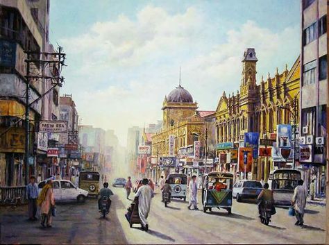 Karachi Painting, Baghdadi Art, Famous Contemporary Artists, Pakistan Art, Multimedia Art, Multimedia Arts, Street Painting, Life Paint, Famous Buildings