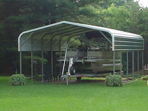 Pontoon Boat Cover - Protect your pontoon in the off season with one of our custom metal boat covers. A carport for your pontoon boat! Carport Tent, Pontoon Boat Covers, Portable Carport, Pontoon Boat Accessories, Boat Garage, Carport Ideas, Diy Carport, Steel Carports, Carport Canopy