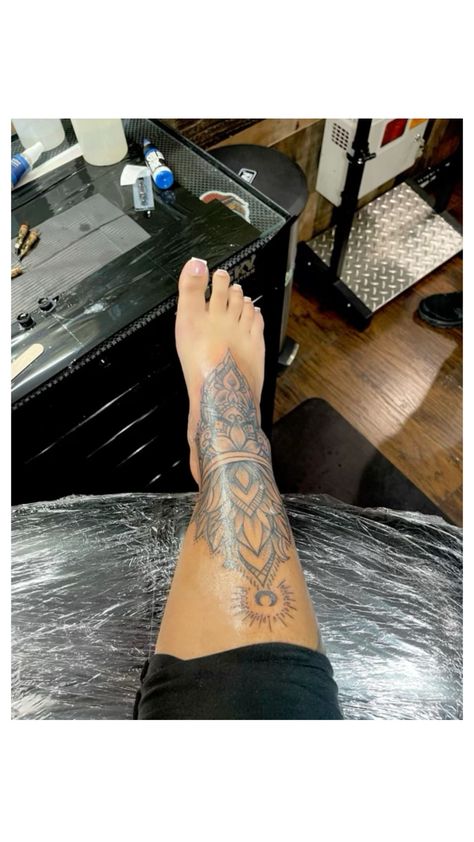 Anklet Tattoos Black Women, Foot And Shin Tattoos For Women, Feet Tattoos Black Women, Foot Tattoos For Women Black Woman, Top Foot Tattoos, Foot Ankle Tattoos For Women, Feet Tatoos Woman, Women Ankle Tattoos, Elephant Foot Tattoo