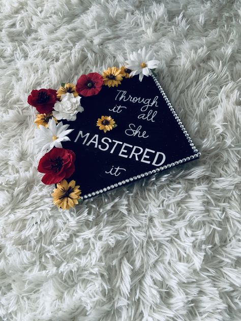 Graduation Cap. Masters Degree. Floral. Graduation Cap Masters, She Mastered It, Social Work Graduation Cap, Cap Decoration Ideas, Graduation Cap Designs College, Grad Cap Ideas, Teacher Graduation Cap, Masters Degree Graduation, College Grad Cap Ideas