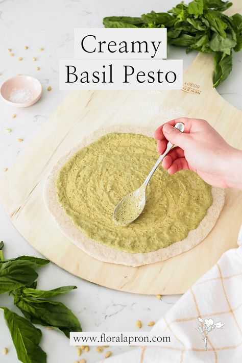 Creamy Basil Pesto - The Floral Apron Pesto Pizza Sauce, Sauce For Pizza, Pasta Toppings, Pesto Sauce Recipe, Homemade Pesto Recipe, Creamy Pesto Sauce, Basil Pesto Sauce, Green Pesto, Pizza Sauce Recipe