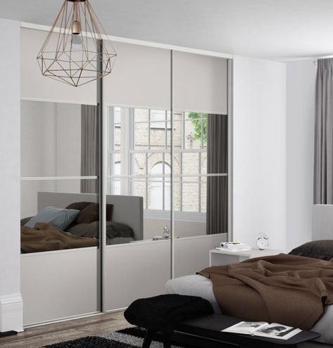 Classic 4 panel sliding wardrobe doors in Cashmere and Mirror finish with Silver frame. Sliding Wardrobe Doors Design, Wardrobe Door Designs, Sliding Wardrobe Doors, Bedroom Cupboard Designs, Bedroom Light Fixtures, Classic Doors, Wardrobe Room, Sliding Wardrobe, Bedroom Wardrobe