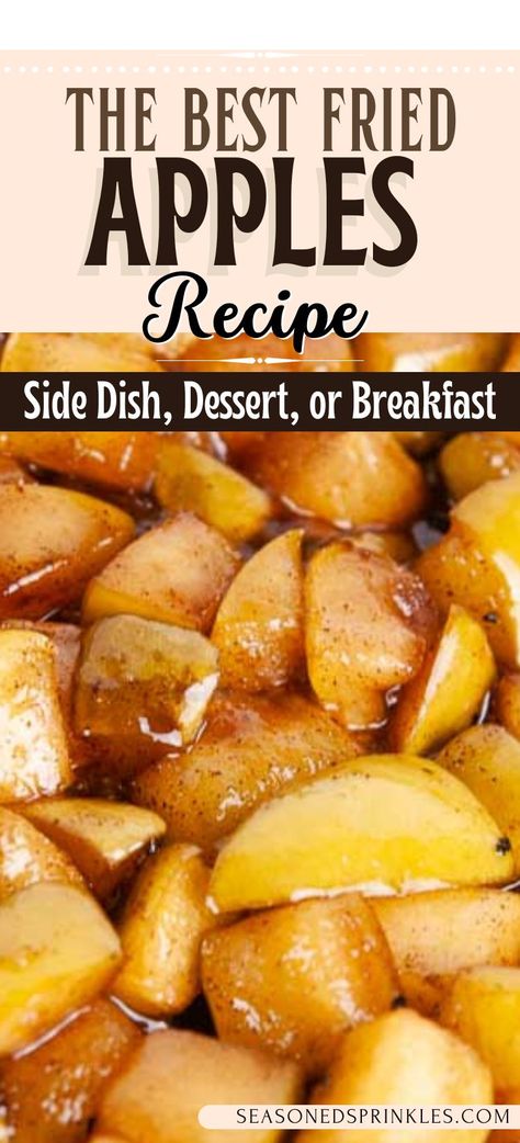 Easy fried apples are a decadent Thanksgiving side dish and fall dessert. These apples get tossed in a mix of butter and sugar and cinnamon for the best flavors of the season. #sidedish #recipe #apples #dessert #Thanksgiving #fall #Christmas #easter Chilis Cinnamon Apples, Apple Recipes Side Dish, Easy Apple Side Dish, Cinnamon Fried Apples Recipe, How To Make Fried Apples, Simple Baked Apples Recipe, Homemade Fried Apples, Fried Green Apples Recipe, Fresh Green Apple Recipes