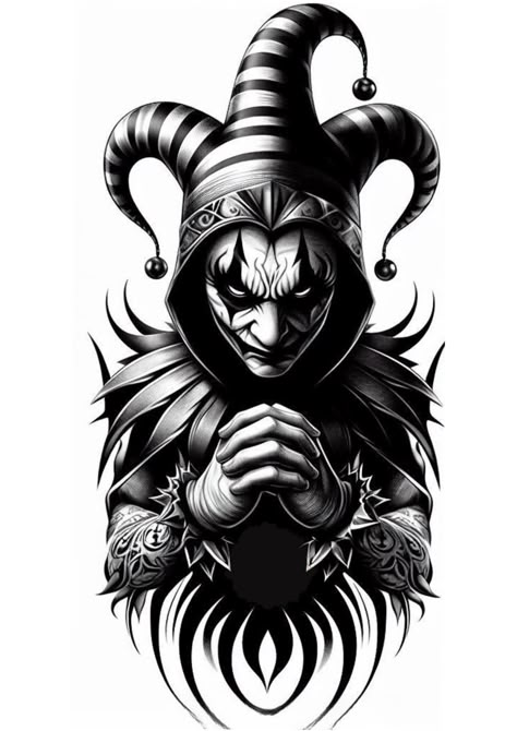 Trickster Tattoo Design, Dark Jester Tattoo, Jester Tattoo, Witch Tattoos, Trippy Tattoo Ideas, Evil Jester, Evil Clown Tattoos, Scary Coloring Pages, Clown Tattoos