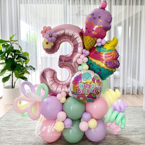 🎈Turning 3 is oh-so-sweet!🍦Celebrate with our deliciously fun ice cream-themed balloon display! 🍨 . . . #Lovoballoonbouquets #lovoballoonsandgifts #lovoballoon #balloonbouquet #balloonmarquee #numberballoon #balloonstack #balloonart #premiumballoondisplay #brisbaneballoons #brisbaneballoonartist #balloonartistaustralia #smallbusinessaustralia #ballooninspo #qualatex #sempertex #decrotex #icecreamtheme #icecreamballoondecor #icecreamdecor #3rdbirthdayparty Balloon Bouquet Ideas, Balloon Stack, Kawaii Sweets, Ice Cream Decorations, Ice Cream Theme, Balloon Display, Birthday Party Theme Decorations, Candy Theme, Birthday Balloon Decorations