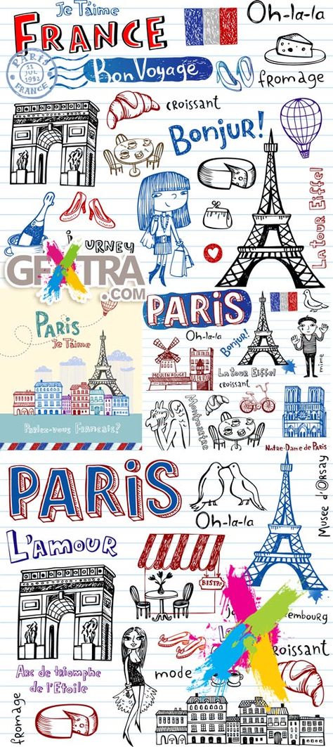 Paris Symbols Illustrations, Paris Doodle Art, Paris Journal Ideas, Francais Aesthetic, Paris Symbols, Paris Doodles, Paris Journal, Paris Drawing, Torre Eiffel Paris