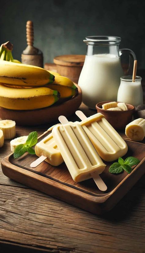 Banana Popsicles Recipe - World Cuisines Network Popsicles Photography, Peanut Butter Milkshake Recipe, Banana Popsicle Recipes, Lemon Ricotta Cake Recipes, Creamy Popsicles, Ricotta Cake Recipes, Peanut Butter Milkshake, Creamy Mashed Potatoes Recipe, Banana Popsicles