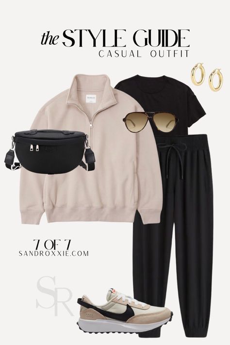 Casual outfit for the weekend, the style guide, fall and winter outfits Cream Half Zip Sweater Outfit, Sweater Sneakers Outfit, Office Athleisure Outfits, Business Casual Joggers Outfit, Sporty Office Outfit, Crossbody Nike, Wfh Fits, Athleisure Outfits Streetstyle, Winter Sporty Outfits