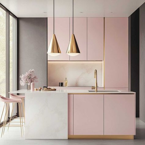 9+ Elegant Luxury Modern Kitchen Designs in Soft Blush Pink • 333+ Inspiring Lifestyle Ideas Pink Gold Kitchen, Soft Pink Kitchen, Glossy Kitchen Cabinets, Modern Pink Kitchen, Pink And Grey Kitchen, Glossy Kitchen, Luxury Modern Kitchen, Pink Cabinets, Inviting Kitchen