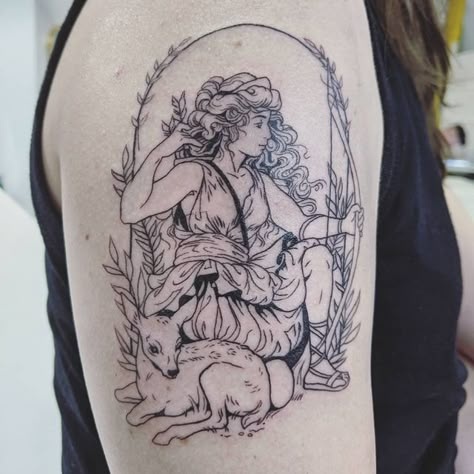 Diana The Huntress Tattoo, Diana Goddess Tattoo, Greek Goddess Tattoo Artemis, Cute Deer Tattoo, Goddess Diana Tattoo, Artemis Goddess Tattoo, Artemis Tattoo Design, D&d Tattoo, Huntress Tattoo