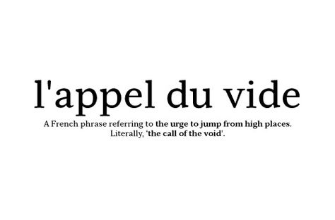 L'appel du vide is that tiny voice that tells you to jerk the steering wheel just to the right and take a flying leap off the ledge...that inclination to walk right into the ocean and never return...the call of the Siren song. L'appel Du Vide Tattoo, The Call Of The Void, Call Of The Void, Latin Quotes, Unique Words Definitions, French Phrases, Unusual Words, Rare Words, Word Definitions