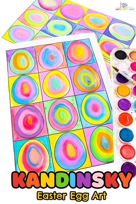 Dive into the vibrant world of abstract art with our Kandinsky-inspired Watercolor Easter Egg project! A fun Easter themed twist on a popular art project. Complete with a free Easter Egg template. Easter Egg Art Projects, Easter Crafts Kids, Egg Art Projects, Egg Project, Easter Egg Projects, Easter Egg Template, Egg Template, Abstract Art For Kids, Easter Egg Art