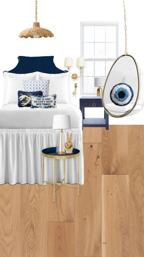 Room Ideas Aesthetic Navy Blue, Hamptons Room Aesthetic, Light Blue Black And White Bedroom, Clean Girl Room Aesthetic Navy Blue, Clean Bedroom Aesthetic Blue, Navy Blue Bedroom Aesthetic, Navy Room, Stockholm Bedroom, Greek Bedroom Aesthetic Blue