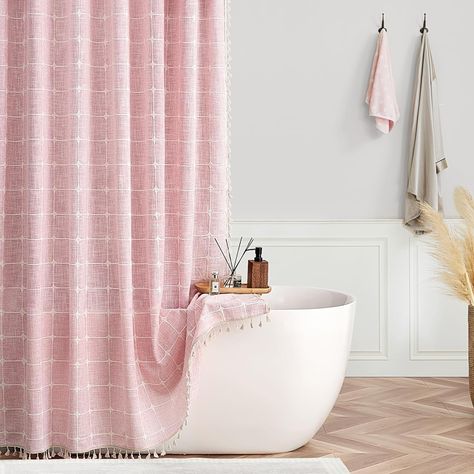 Amazon.com: Boho Farmhouse Shower Curtain Pink Linen Heavy Duty Fabric Shower Curtain Set with Tassel,36x72 Shabby Chic Cute Modern Bohemian Waffle Weave Textured Thick Shower Curtain for Narrow Bathroom. : Home & Kitchen Cottagecore Bathroom, Bathroom Design Board, Vintage Modern Farmhouse, Shower Curtain Pink, Pink Shower Curtain, Country Bathroom Decor, Girls Shower Curtain, Farmhouse Shower Curtain, Shower Stalls