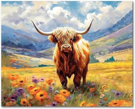 Simple Paint By Number, Flower Scenery, Paint By Number For Adults, Simple Paint, Highland Coo, Highland Cow Painting, Flower Paint, Bull Art, Canvas Diy