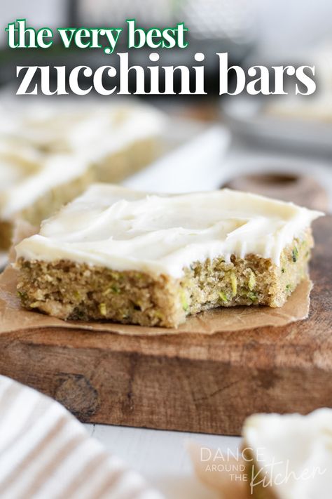 These moist, cinnamon-spiced Zucchini Bars are topped with a decadent cream cheese frosting making them the most delicious way to use up all that zucchini! Zucchini Chocolate Chip Cookie Bars, Carrot And Zucchini Bars With Lemon Cream Cheese Frosting, Zucchini Cream Cheese Muffins, Zucchini Bread With Cream Cheese Frosting, Blonde Zucchini Brownies, Zucchini Bread Bars, Dessert With Zucchini, Zucchini Bars Recipes Easy, Zucchini Bars With Brown Butter Frosting