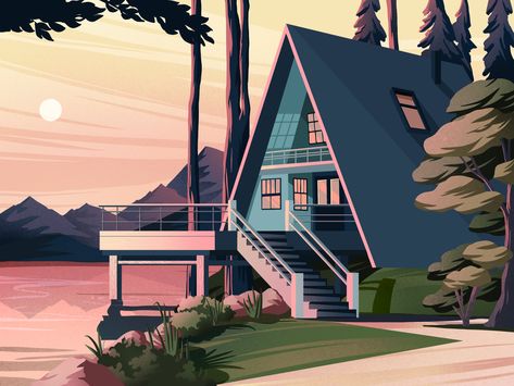 Lake house by Helen Lee on Dribbble Gouache Architecture, Lake House Drawing, House Illustration Art, House Illustrations, Helen Lee, Illustration Simple, House In Nature, House Illustration, House Drawing