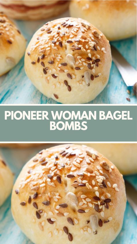 Pioneer Woman Bagel Bombs are delicious homemade treats filled with cream cheese, Cheddar, and ham, encased in a fluffy dough and seasoned with everything bagel seasoning. This recipe takes approximately 2 hours and yields 16 servings. Everything Bagel Appetizer Recipes, Pioneer Woman Bread, Bagels Recipe Homemade, Pioneer Woman Appetizers, Pioneer Kitchen, Cheddar Bagels, Types Of Bagels, Cheese Bagels, Cheese Cheddar