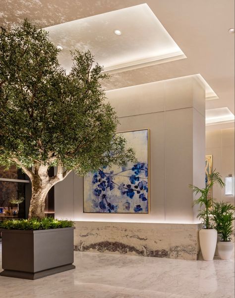 Modern wall panelling, elegant modern decor, marble feature wall, LED uplighting, interior olive tree, coffered ceiling with LED cove lighting Uplighting Interior, Marble Feature Wall, Led Cove Lighting, Led Uplighting, Cove Light, Coffer Ceiling, Lobby Ceiling, Coffered Ceiling Design, Cove Ceiling