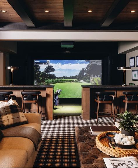 Golf Simulator And Movie Room, Golf Simulator Movie Room, Small Basement Layout, Golf Simulator Room Man Caves, Golf Simulator Bar, Simulator Room, Home Gym/office, Home Golf Simulator, Golf Bar