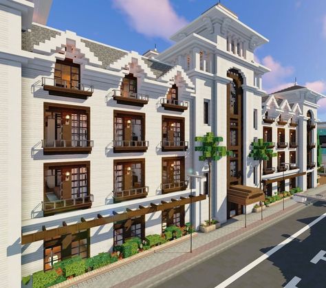 Minecraft City Decorations, Minecraft Hotel Lobby, Minecraft Luxury House, Minecraft Theater, Minecraft Zoo Layout, Minecraft City Ideas Layout, Hotel In Minecraft, Minecraft Hotels Ideas, Minecraft Hotel