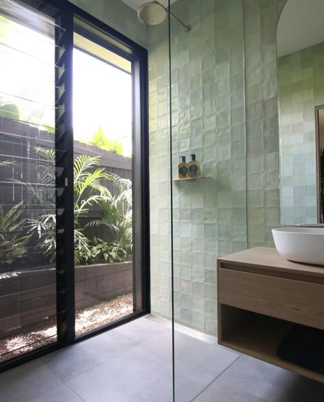 Green Shower Tile, Bathroom Design Trends, Bathroom Reno, Bathroom Trends, Big Bathrooms, Main Bathroom, Green Bathroom, Bathroom Renos, Shower Screen