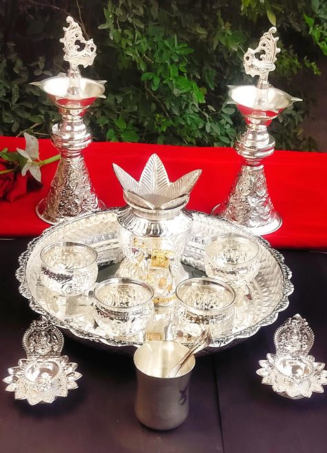 German Silver Pooja Items, Silver Pooja Thali, Form Generation, Sugar Cane Plant, Banana Trees, House Warming Party, Polish Style, Diwali Pooja, Pooja Decoration