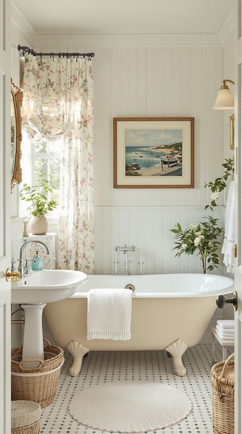 Coastal Bathroom Ideas Seaside Cottage Bathroom, Florida Cottage Interior, East Coast Bathroom, English Cottage Bathroom Ideas, Charleston Bathroom, English Cottage Bathroom, Coastal Bathroom Lighting, Coastal Cottage Bathroom, Bathroom Decor Coastal