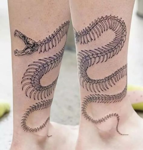 Snake Tattoo Skeleton, Snake Skeleton Tattoo Leg, Snake Skeleton Tattoo Arm, Snake Tattoo Arm Wrap, Tattoos That Wrap Around Leg, Snake Skeleton Drawing, Skeleton Dragon Tattoo, Snake Wrapped Around Leg Tattoo, Skeleton Snake Tattoo