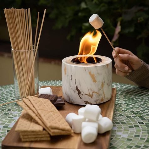 Smokeless, easy clean-up mini fire pit to use either indoors or outdoors. Cute mini date idea or fun time with the kids! Homemade Tabletop Fire Pit, Fireplace Outdoor Patio, Indoor Smores, Mini Fireplace, Mini Fire Pit, Smores Maker, Indoor Fire Pit, Tabletop Fire Bowl, Tabletop Fire Pit