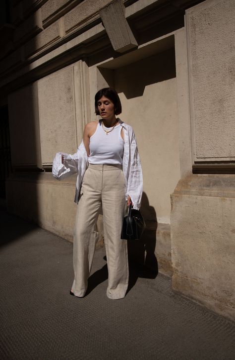 Fresh Neutrals I House of Dagmar Mindy Linen Trousers + By Malene Birger Amiee Tank — VIENNA WEDEKIND Nude Trousers Outfit, Girly Things To Buy, Cream Trousers Outfit, Trousers Outfit Summer, What To Wear Casual, Nude Trousers, Girly Things Aesthetic, Euro Summer Aesthetic, Linen Trousers Outfit