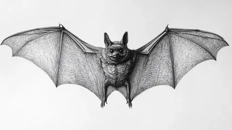 ↑↑↑ Larger size on website 🔸 The image is a detailed pen and ink drawing of a bat in flight. The bat's wings are fully extended,