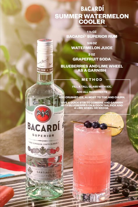 Raise the bar from your at-home bar with the BACARDÍ Summer Watermelon Cooler cocktail, now available at your nearest 4th of July BBQ. #DoWhatMovesYou #BacardíWatermelonCooler #Bacardí #Rum Mixed Drinks With Bacardi, Cocktails With Bacardi Rum, Bacardi Drinks Recipes Easy, Bacardi Cocktails Recipes, Bacardi Drinks Recipes, Cocktails With White Rum, Drinks With Bacardi, Bacardi Mixed Drinks, Bacardi Rum Drinks