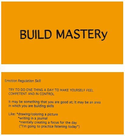 #DBT #EmotionRegulation ~ MASTER (Mindful to emotion, Action opposite to emotion, Self-validation, Turn the mind, Experience building positives, Radical acceptance) Build Mastery Dbt, Opposite Action, Wellness Recovery Action Plan, Mindfulness Skills, Dbt Therapy, Emotion Regulation, Distress Tolerance, Dbt Skills, Behavior Therapy