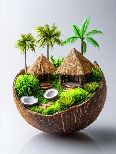 Coconut House, Art From Waste, Felt Crafts Flowers, Coconut Design, Gnome Houses, Fantasy Craft, Coconut Shell Crafts, Mini Zen Garden, Birdhouse Craft