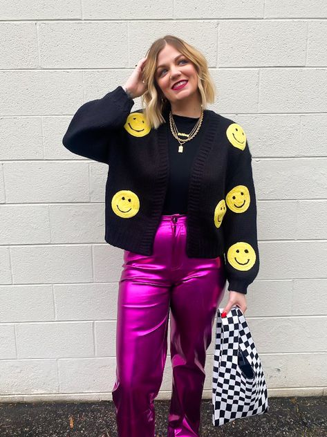 Smiley Face Outfit, Smiley Face Cardigan, Smiley Face Print, Beanie Outfit, Face Print, Bubble Sleeve, Cardigan Outfits, Teacher Outfits, Happy Days