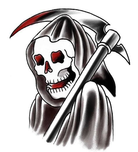 Traditional Tattoo Reaper, Traditional Grim Reaper Tattoo, Traditional Tattoo Black And Grey, Reaper Drawing, Grim Reaper Tattoo, Reaper Tattoo, Tattoo Old School, Tattoo Skull, Old School Tattoo Designs