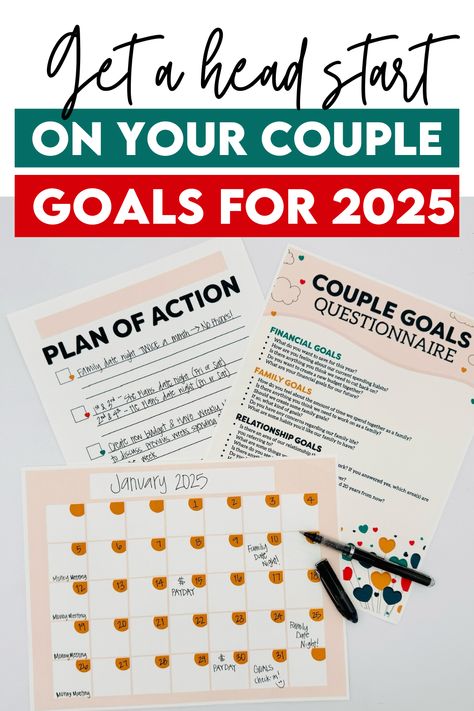 Make goals as a couple for 2025 Couples Yearly Planning Meeting, Couple New Year Resolutions, Goal Setting Date Night, New Years Goals For Couples, New Years Couple Goals, Goal Setting For Couples, New Year Couple Goal Planning, Couples Year In Review, Couple Resolutions New Years