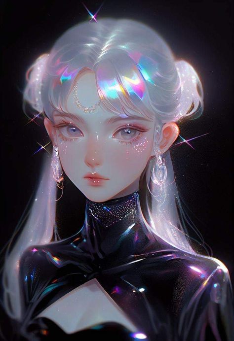 Dramatic Lighting Anime, Prism Character Design, Anime Eye Painting, Jewelry Concept Art, Anime Jewelry Drawing, Anime Painting Tutorial, Light Character Design, Anime Black Background, Digital Art Lighting